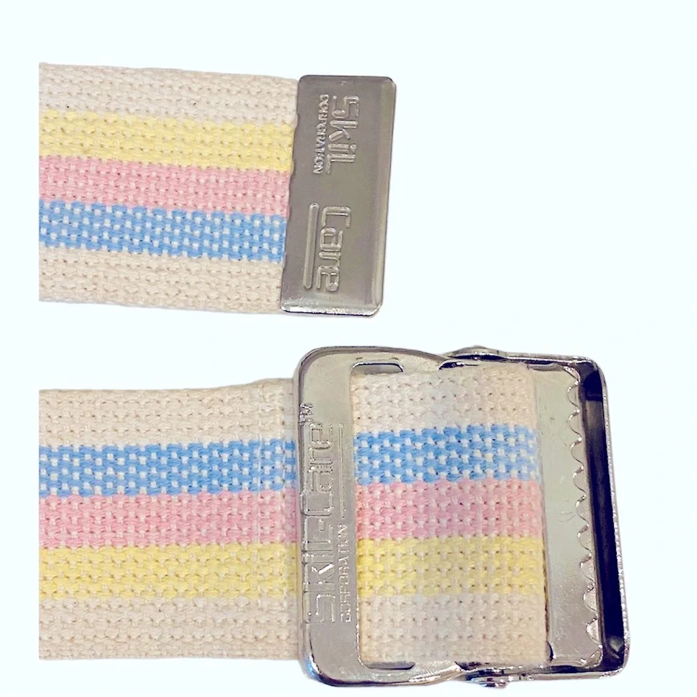 Skil Care Pastel Stripe Slide Gait Belt Metal Buckle Cream Pink Blue Yellow 56”